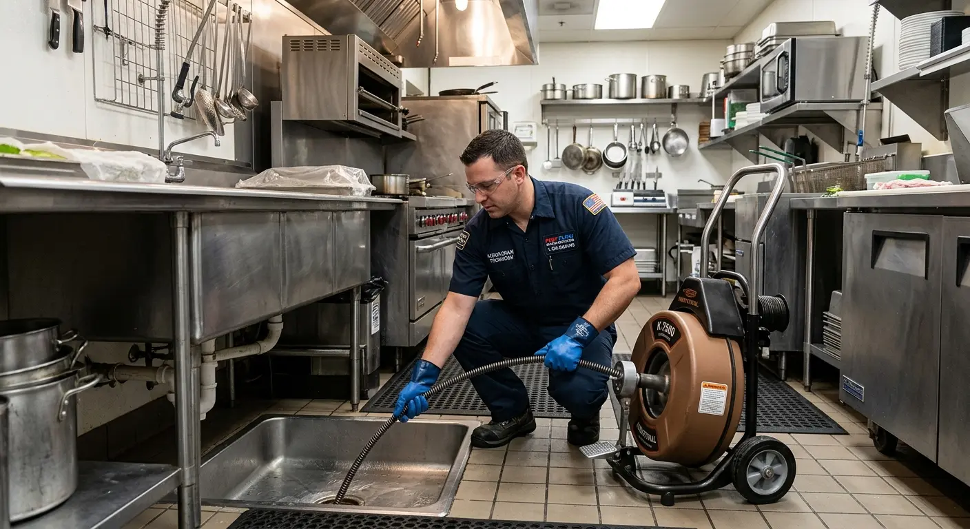 Commercial drain cleaning service in a restaurant kitchen in Athens