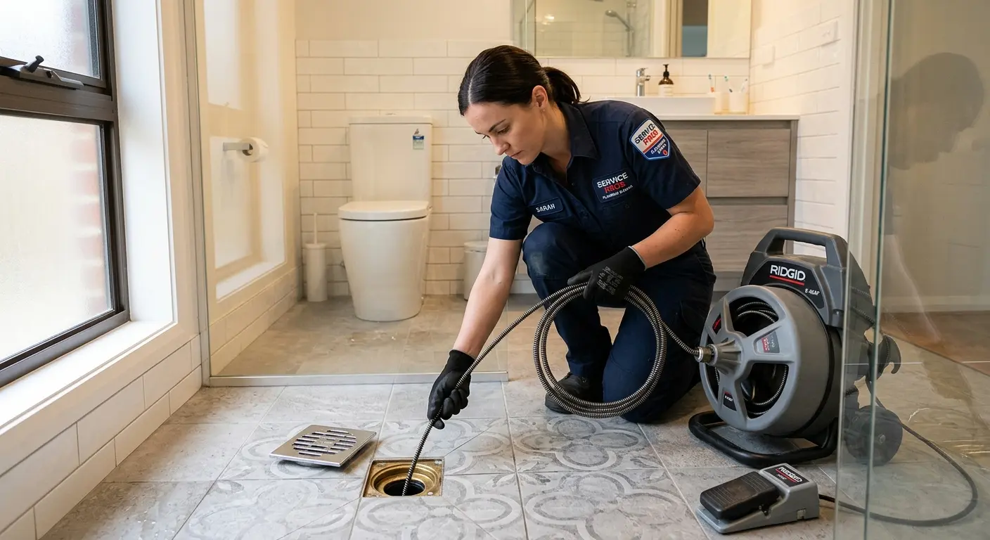 Technician clearing a bathroom floor drain for Drain Repair in Athens